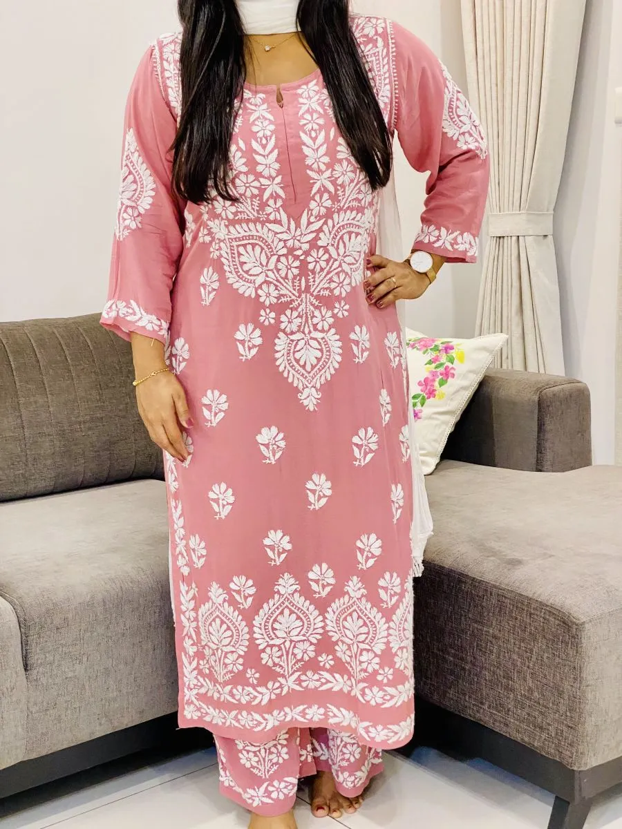 Premium Modal Chikankari Hand Embroidered Women's Solid Long Kurta Palazzo Set