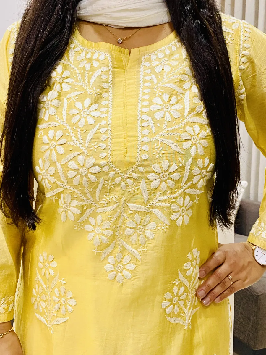 Premium Chanderi Chikankari Hand Embroidered Women's Solid Long Kurta