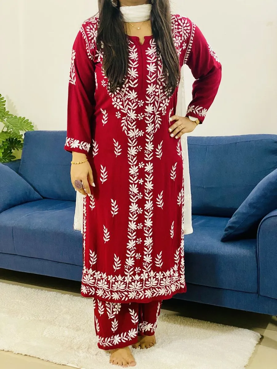 Rayon Chikankari Hand Embroidered Women's Solid Kurta Palazzo Set