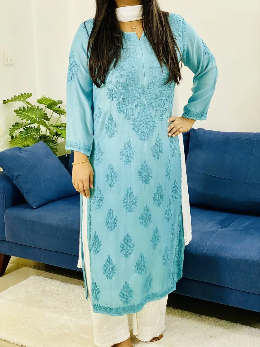 Muslin Silk Chikankari Handwork Ombre Women's Long Kurti