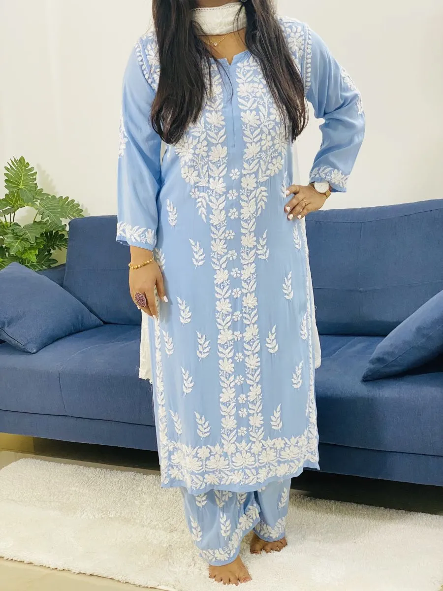Rayon Chikankari Hand Embroidered Women's Solid Kurta Palazzo Set