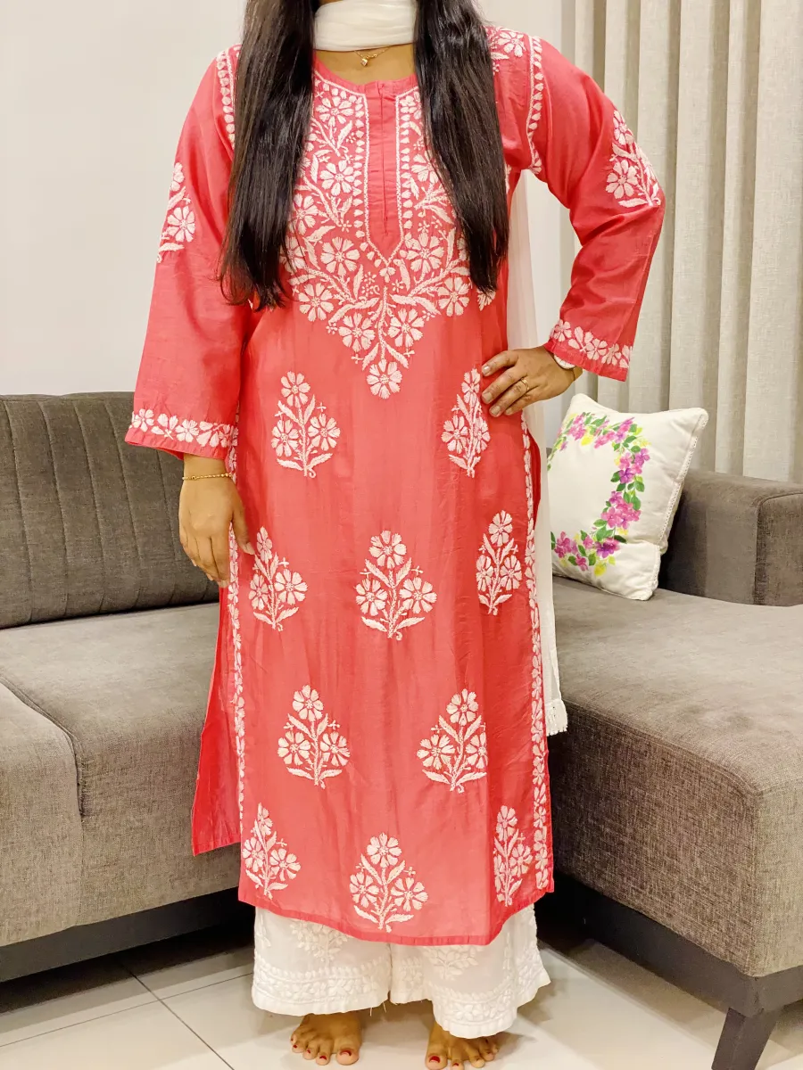 Premium Chanderi Chikankari Hand Embroidered Women's Solid Long Kurta