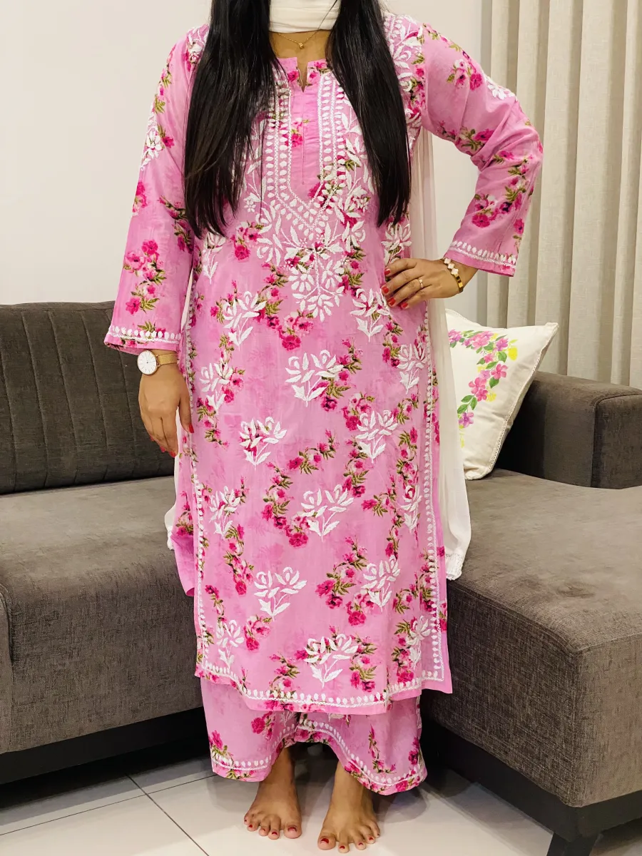 Mulmul Chikankari Hand Embroidered Floral Women's Long Kurta Palazzo Set