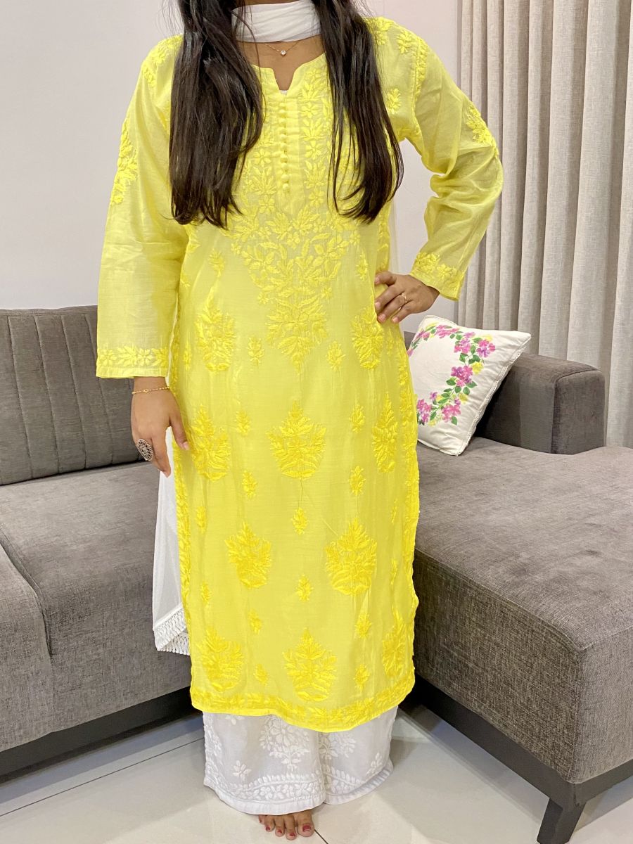 Chanderi Silk Chikankari Hand Embroidered Women's Solid Long Kurta