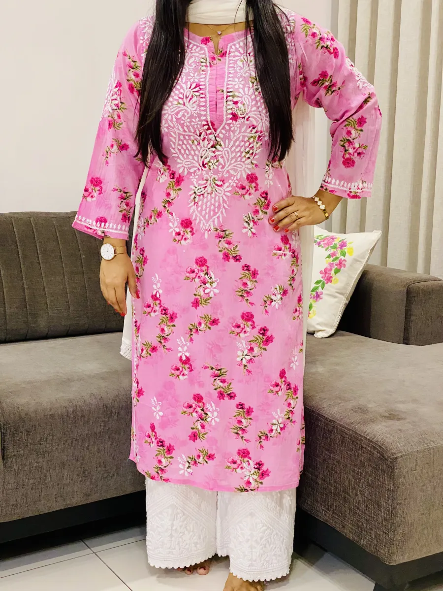 Mulmul Chikankari Hand Embroidered Floral Women's Long Kurta