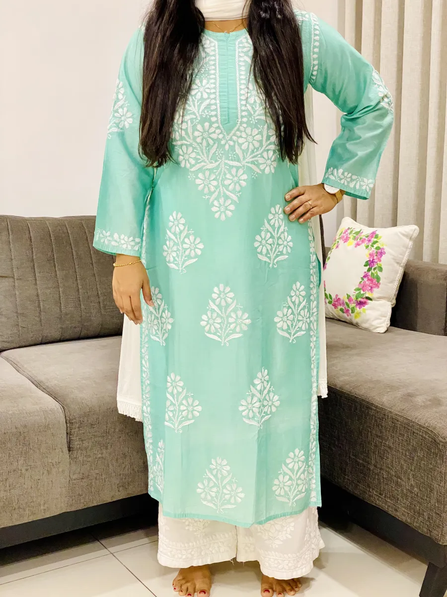 Premium Chanderi Chikankari Hand Embroidered Women's Solid Long Kurta
