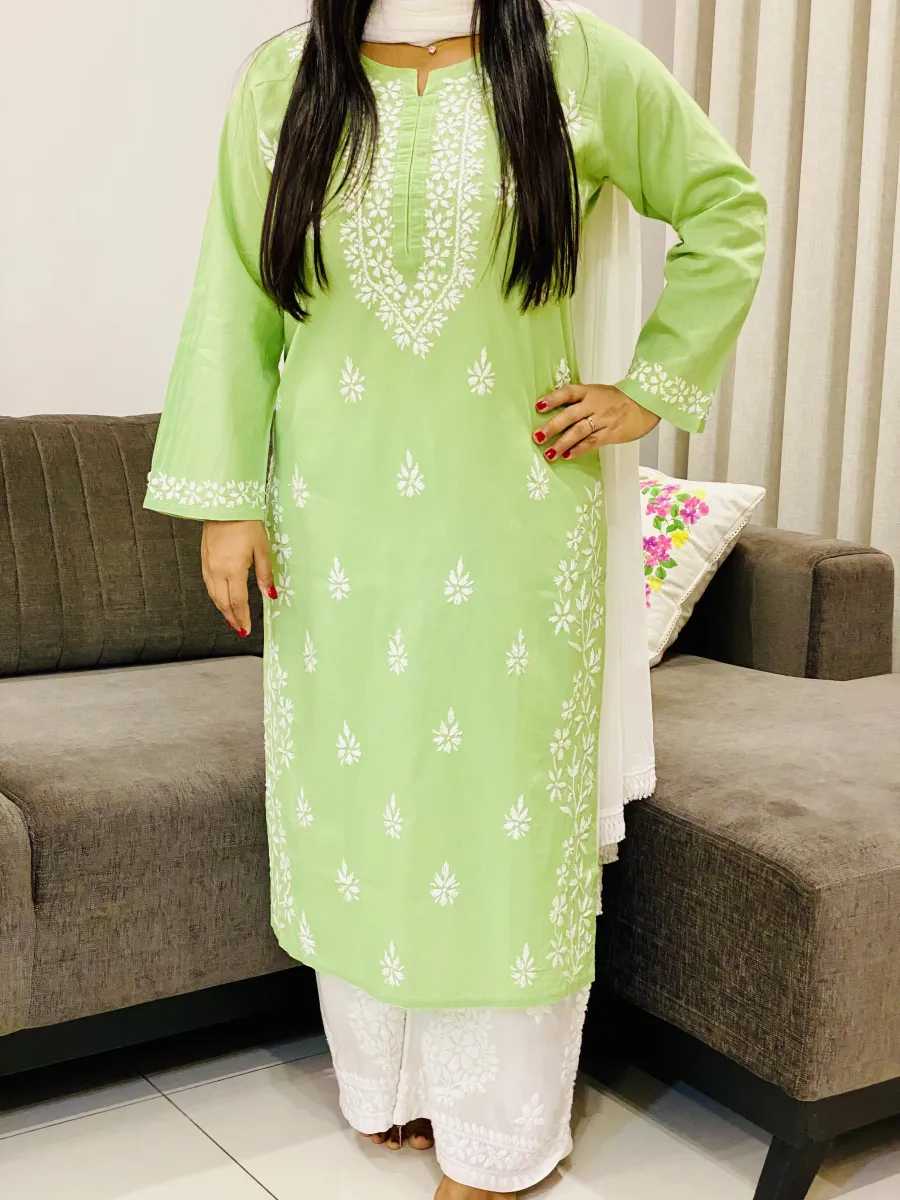Cotton Chikankari Women's Solid Long Kurta