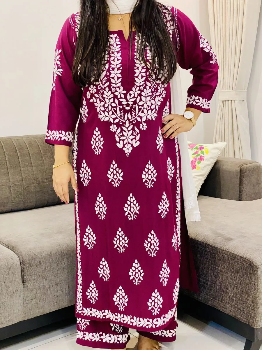 Rayon Chikankari Hand Embroidered Solid Women's Long Kurta Palazzo Set