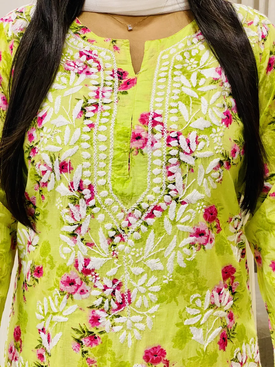 Mulmul Chikankari Hand Embroidered Floral Women's Long Kurta Palazzo Set