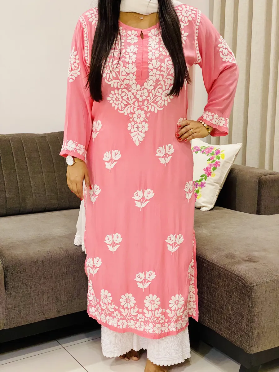 Premium Modal Chikankari Hand Embroidered Women's Long Solid Kurta