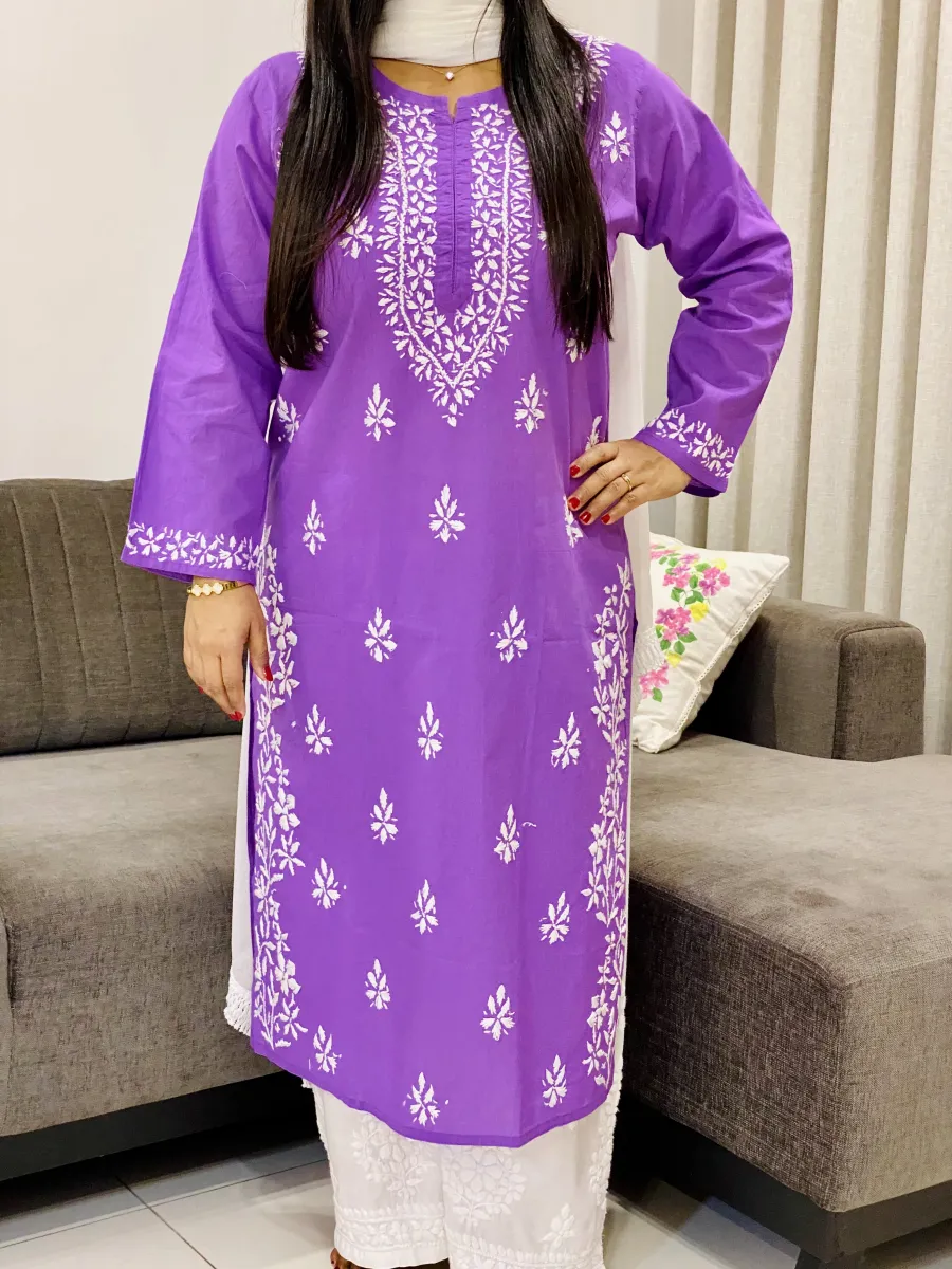 Cotton Chikankari Women's Solid Long Kurta