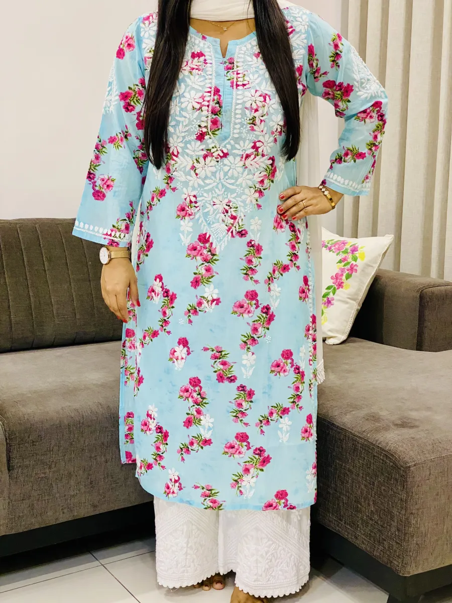 Mulmul Chikankari Hand Embroidered Floral Women's Long Kurta