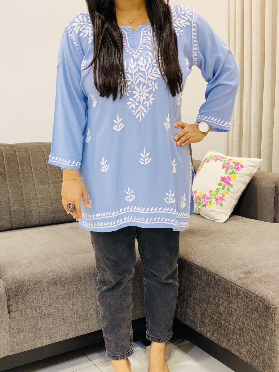 Rayon Chikankari Handwork Women's Solid Short Kurta