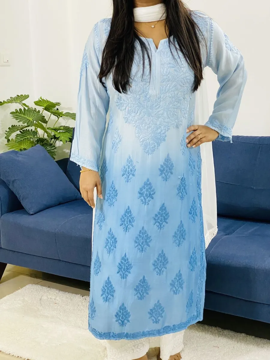 Muslin Silk Chikankari Handwork Ombre Women's Long Kurti