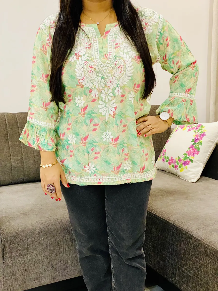 Fancy Sleeve Chikankari Hand Embroidered Women's Floral Short Kurta