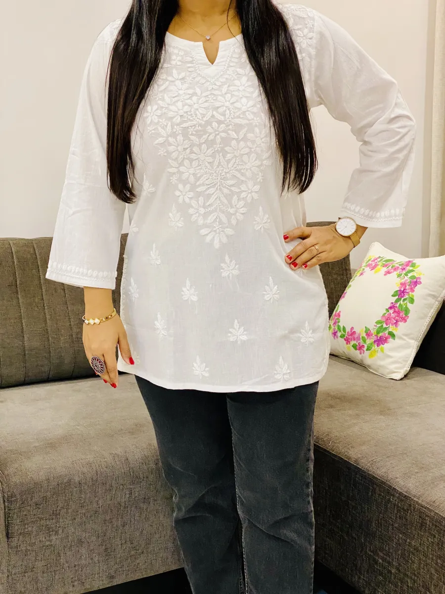 Cotton Chikankari Hand Embroidered Solid Women's Short Kurta