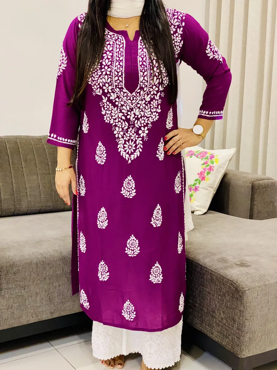 Premium Modal Chikankari Hand Embroidered Solid Women's Long Kurta