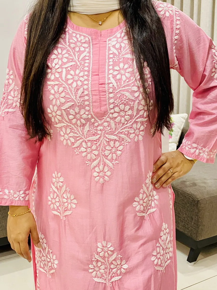 Premium Chanderi Chikankari Hand Embroidered Women's Solid Long Kurta