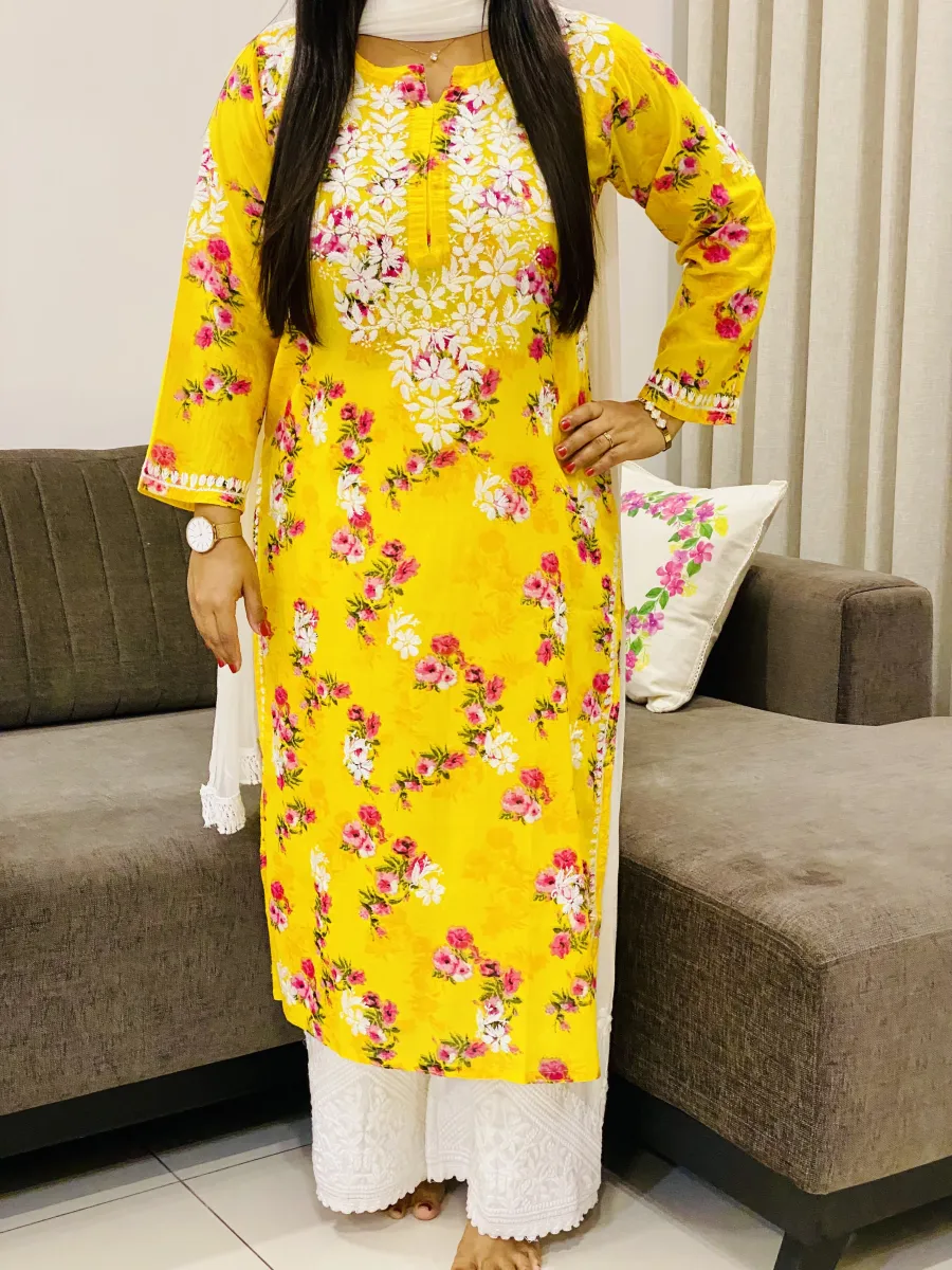 Mulmul Chikankari Hand Embroidered Floral Women's Long Kurta