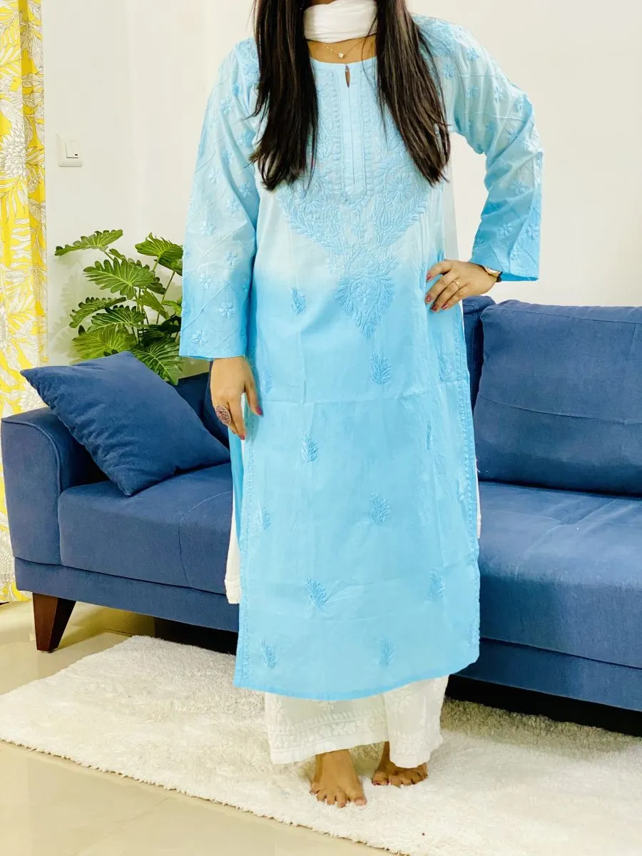 Cotton Chikankari Handwork Ombre Women's Long Kurta