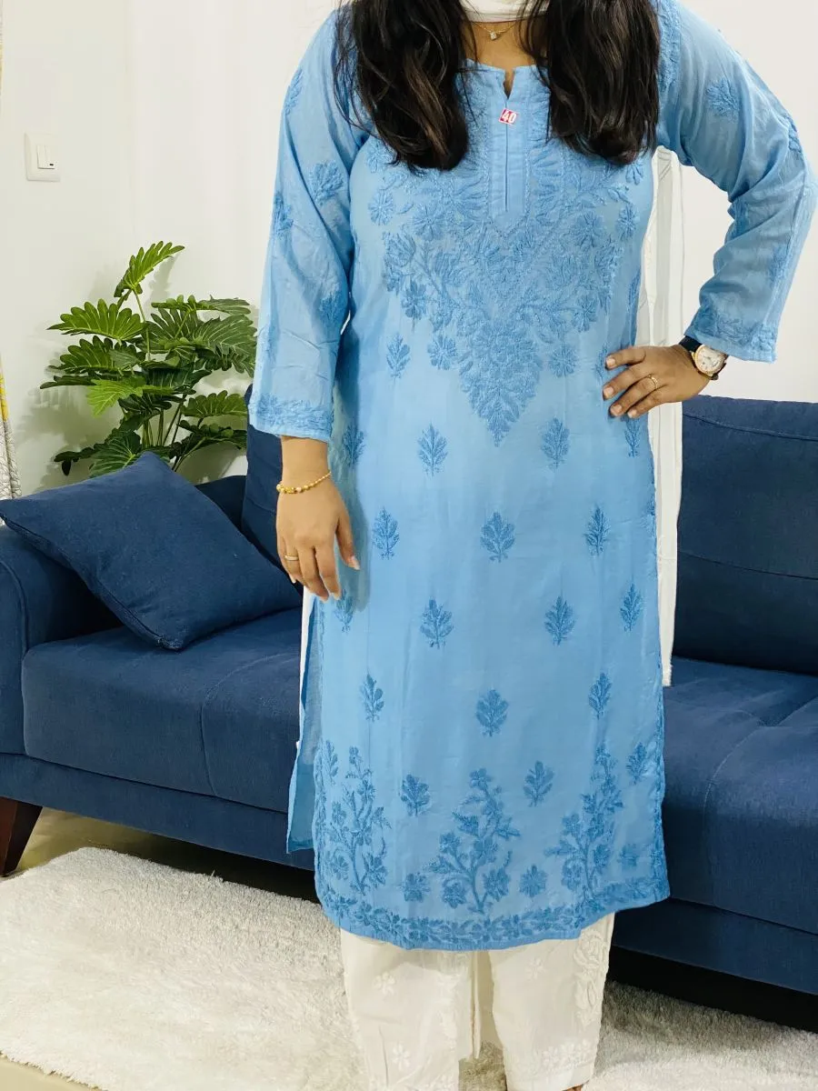 Chanderi Silk Chikankari Hand Embroidered Women's Solid Long Kurta