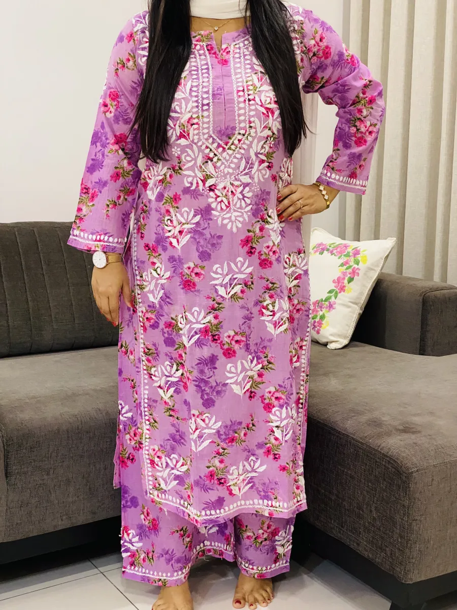 Mulmul Chikankari Hand Embroidered Floral Women's Long Kurta Palazzo Set