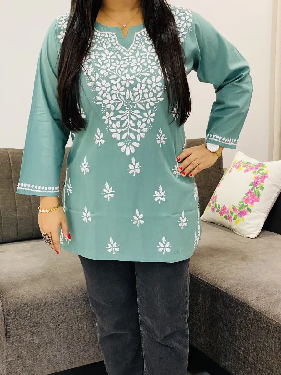 Cotton Chikankari Hand Embroidered Solid Women's Short Kurta