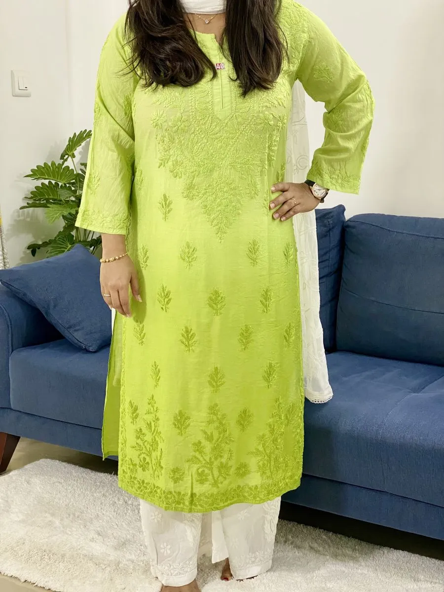 Chanderi Silk Chikankari Hand Embroidered Women's Solid Long Kurta