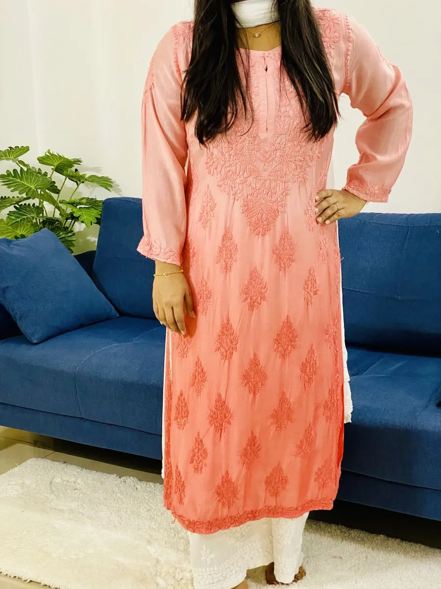 Muslin Silk Chikankari Handwork Ombre Women's Long Kurti