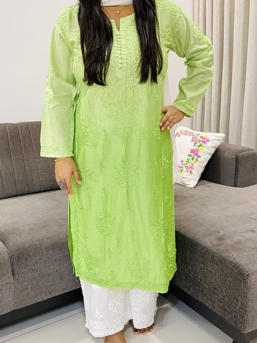 Chanderi Silk Chikankari Hand Embroidered Women's Solid Long Kurta