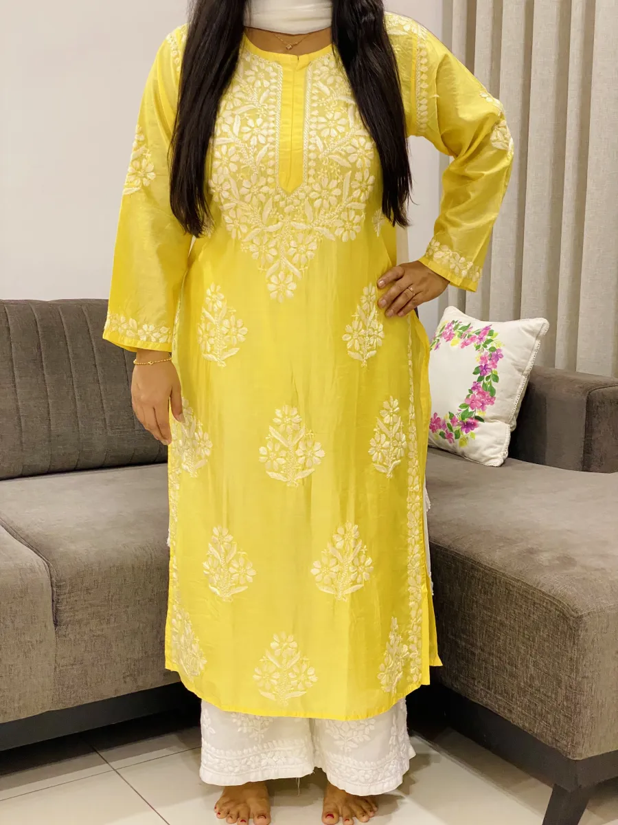 Premium Chanderi Chikankari Hand Embroidered Women's Solid Long Kurta