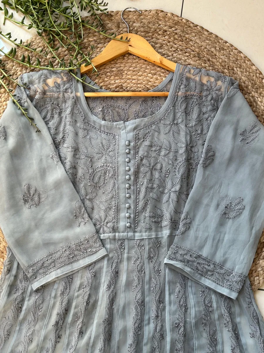 Resham Chikankari Hand Embroidered Women's Yog Anarkali Kurta