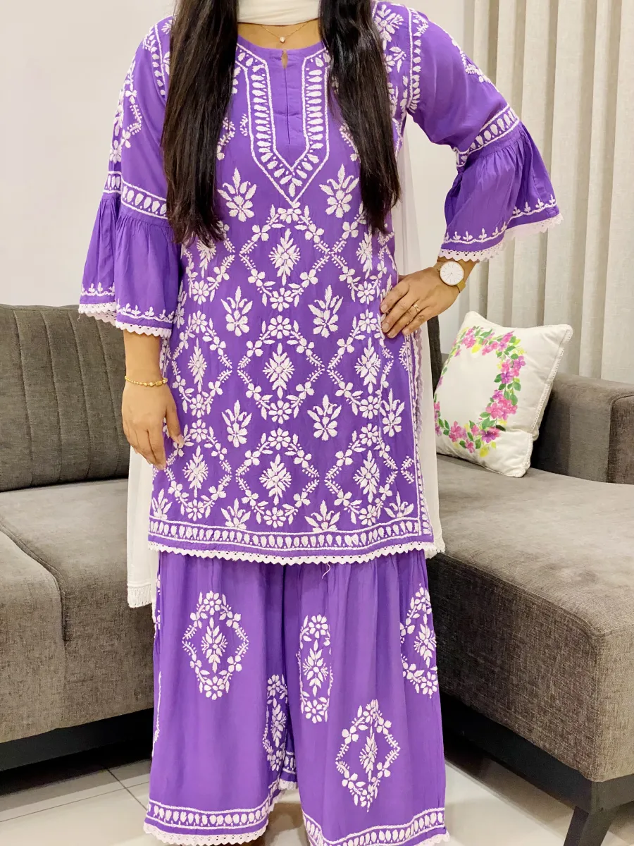 Rayon Chikankari Hand Embroidered Designer Women's Gharara Set