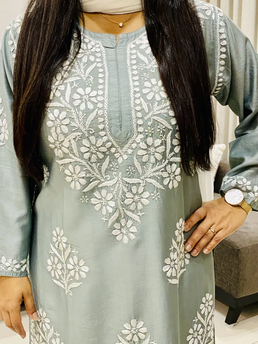 Premium Chanderi Chikankari Hand Embroidered Women's Solid Long Kurta