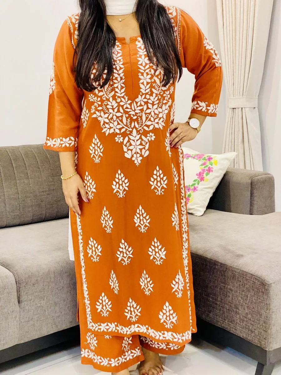 Rayon Chikankari Hand Embroidered Solid Women's Long Kurta Palazzo Set