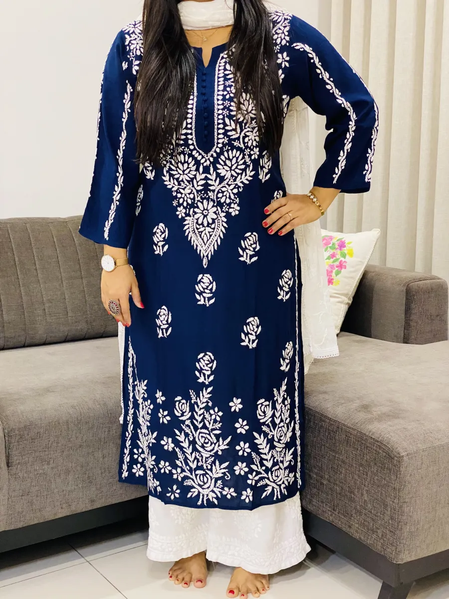 Premium Modal Chikankari Hand Embroidered Women's Solid Long Kurta