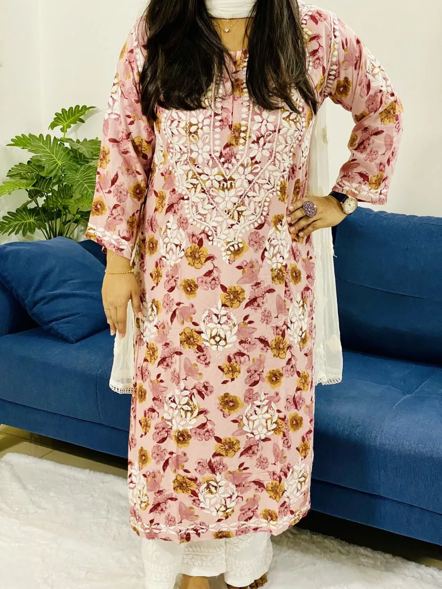 Rayon Chikankari Handwork Floral Women's Long kurta