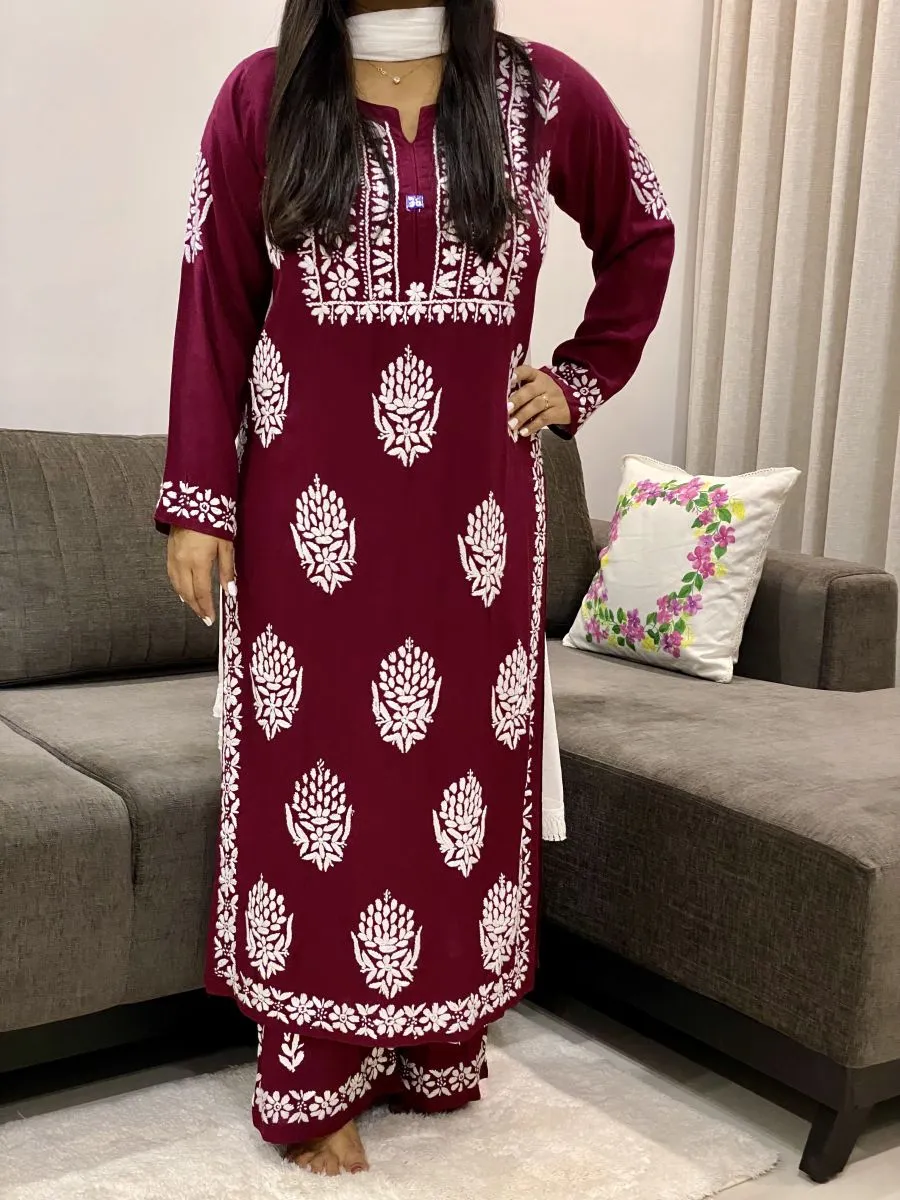 Premium Modal Chikankari Hand Embroidered Solid Women's Kurta Palazzo Set