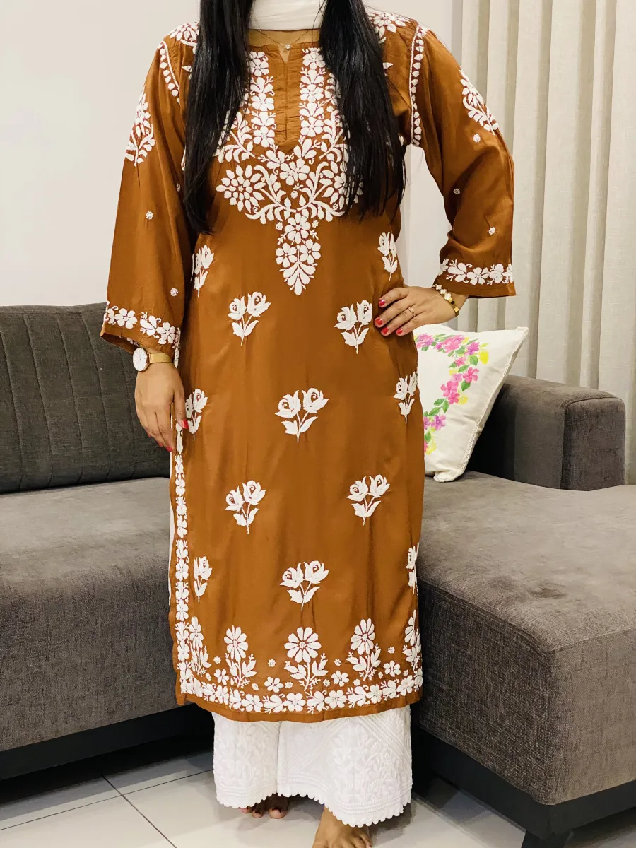 Premium Modal Chikankari Hand Embroidered Women's Long Solid Kurta