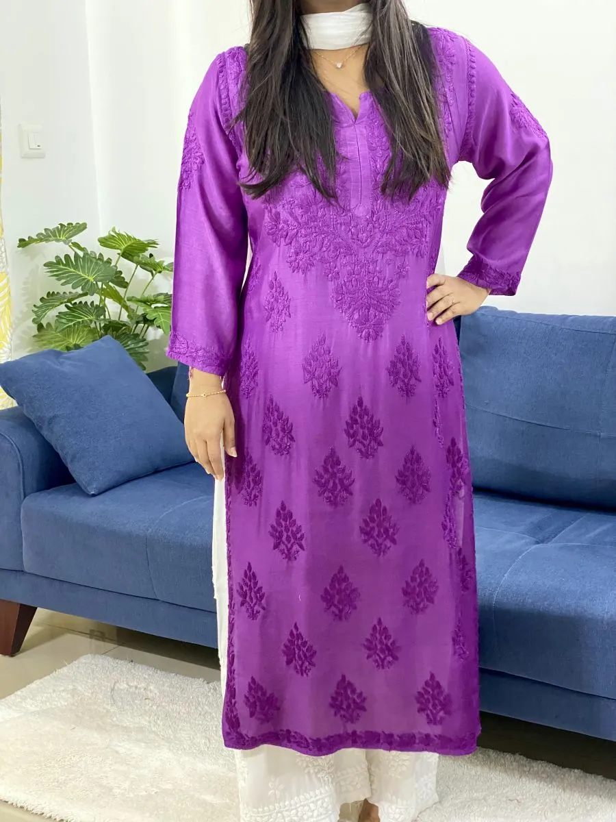 Muslin Silk Chikankari Handwork Ombre Women's Long Kurti