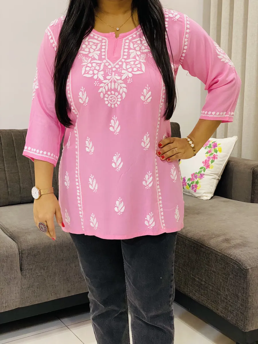 Rayon Chikankari Hand Embroidered Solid Women's Short Top