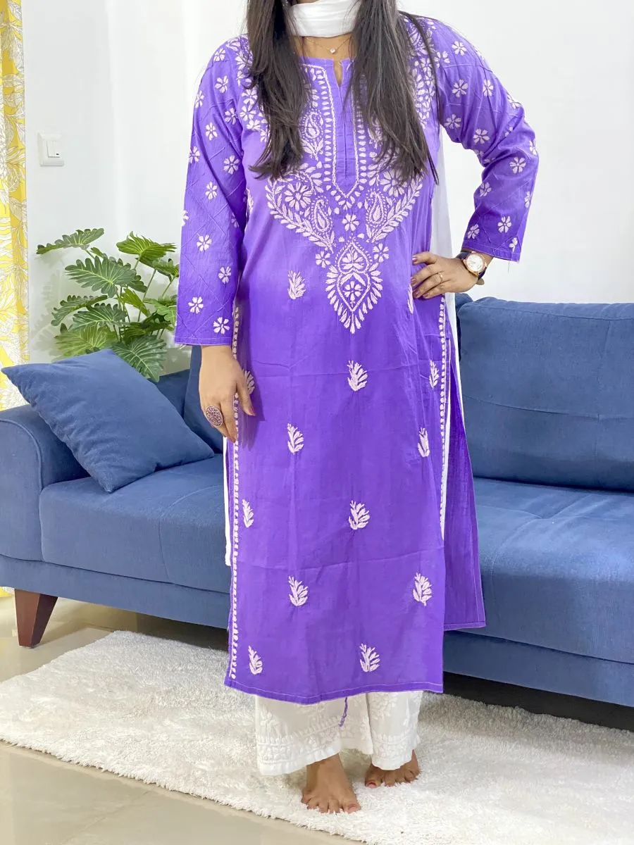 Cotton Chikankari Handwork Ombre Women's Long Kurta