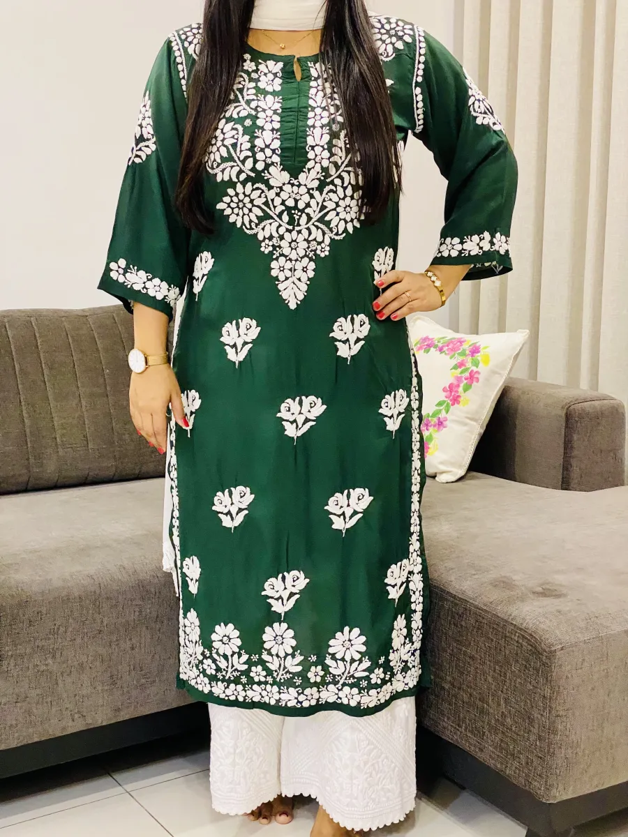 Premium Modal Chikankari Hand Embroidered Women's Long Solid Kurta