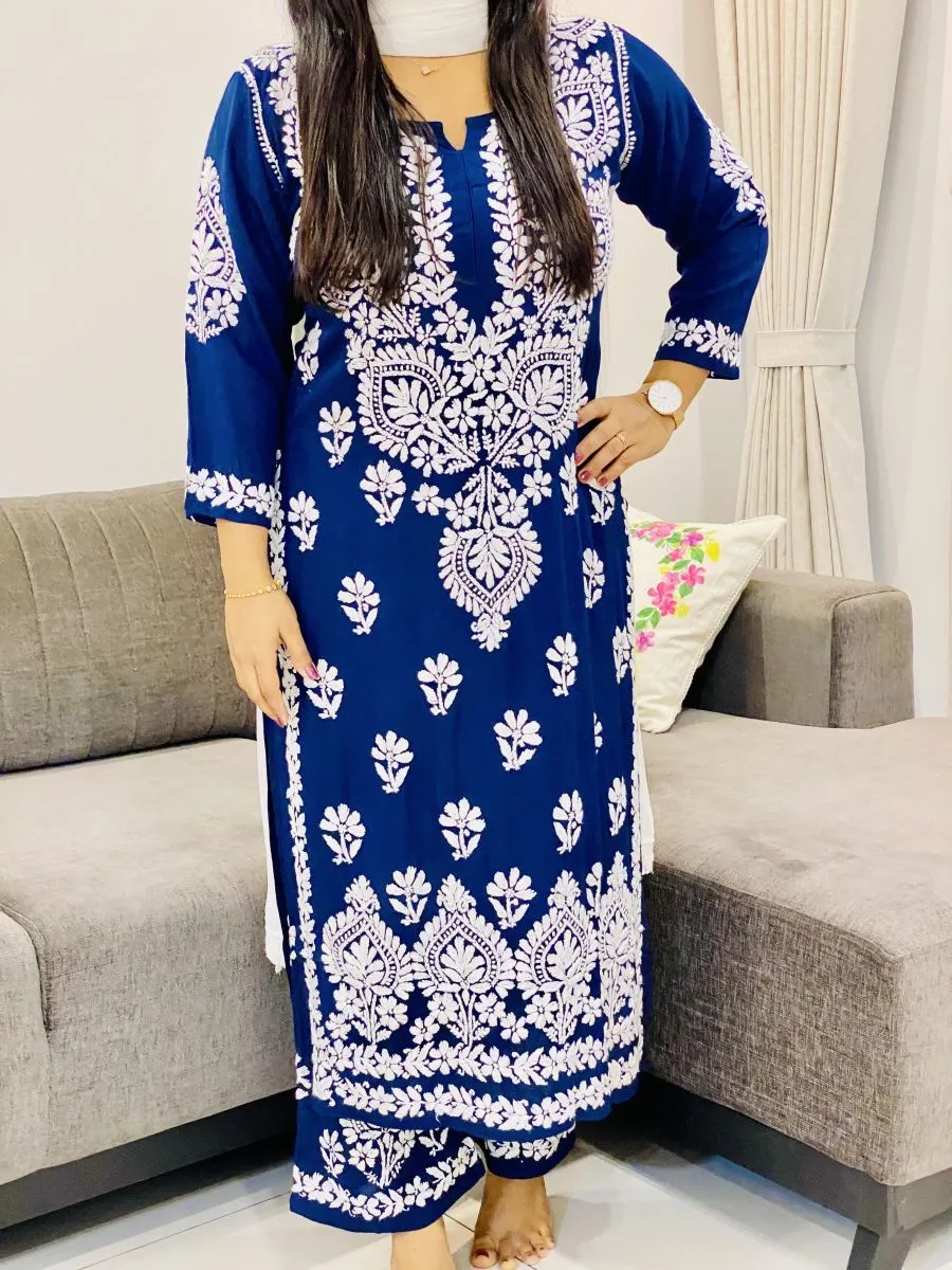 Premium Modal Chikankari Hand Embroidered Women's Solid Long Kurta Palazzo Set