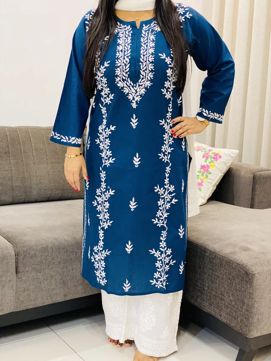 Cotton Chikankari Women's Solid Long Kurta