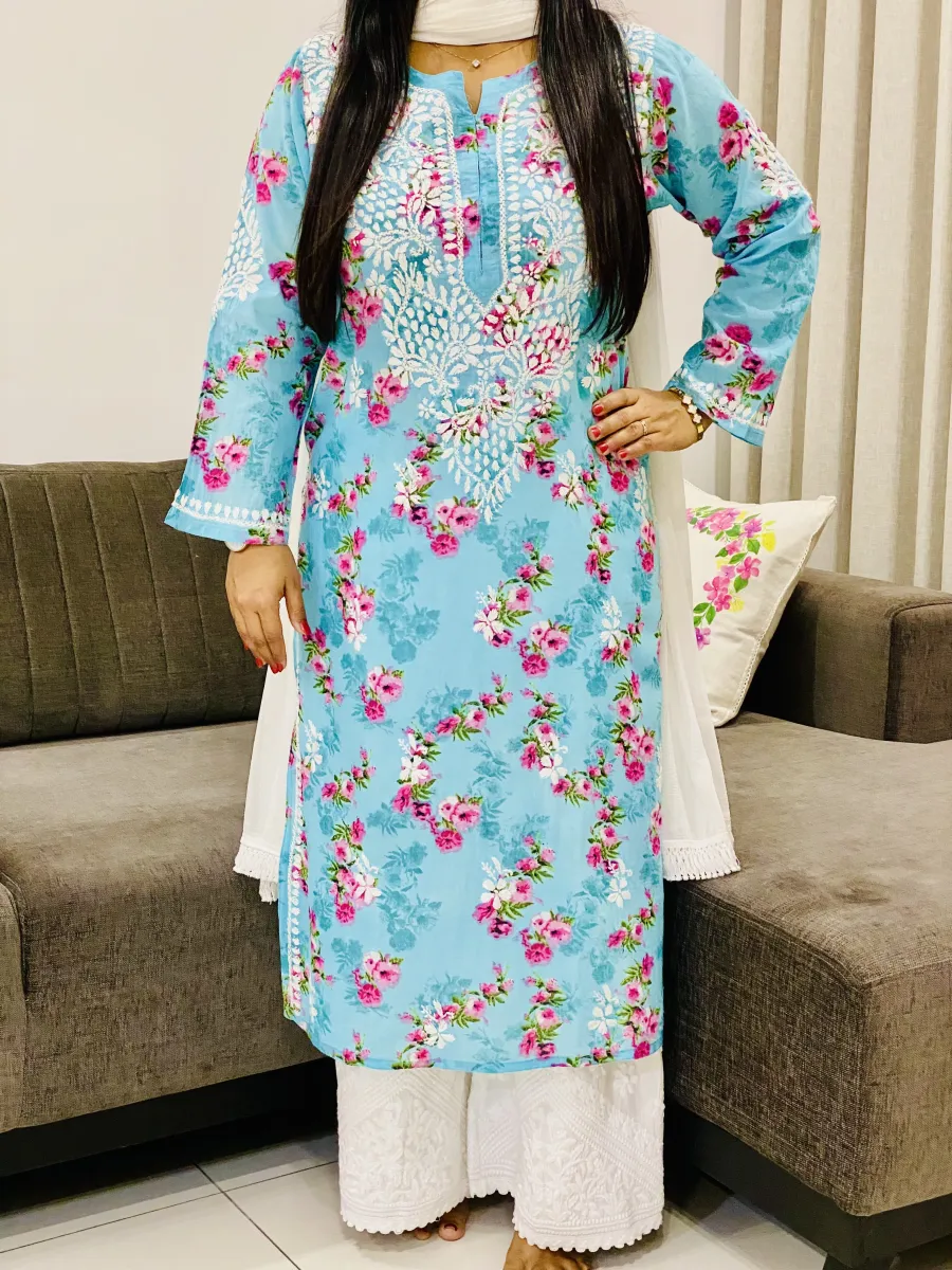 Mulmul Chikankari Hand Embroidered Floral Women's Long Kurta