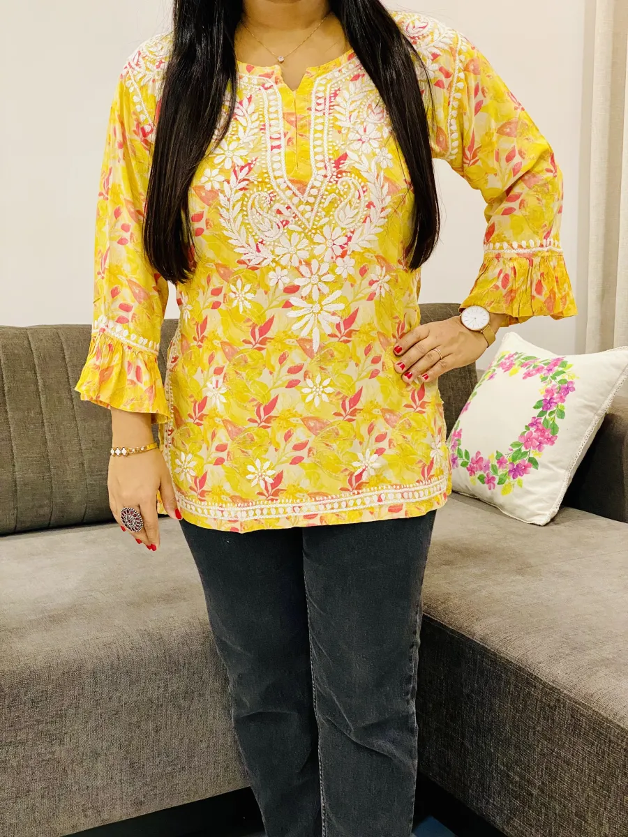 Fancy Sleeve Chikankari Hand Embroidered Women's Floral Short Kurta