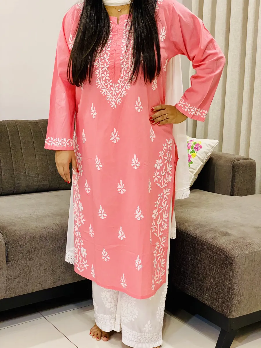 Cotton Chikankari Women's Solid Long Kurta