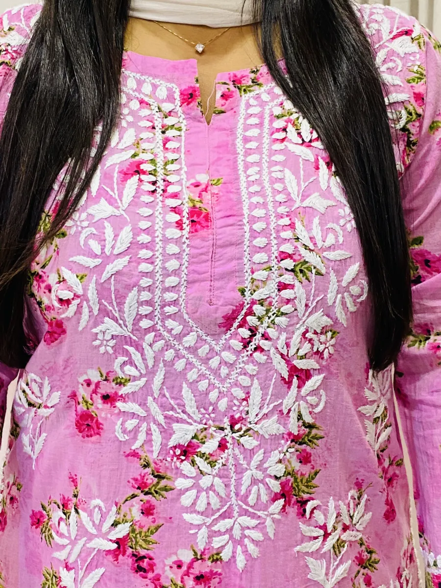 Mulmul Chikankari Hand Embroidered Floral Women's Long Kurta Palazzo Set