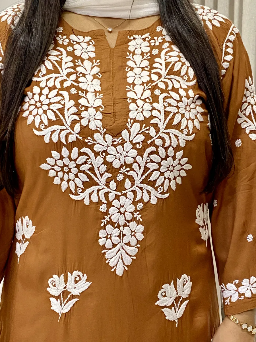 Premium Modal Chikankari Hand Embroidered Women's Long Solid Kurta